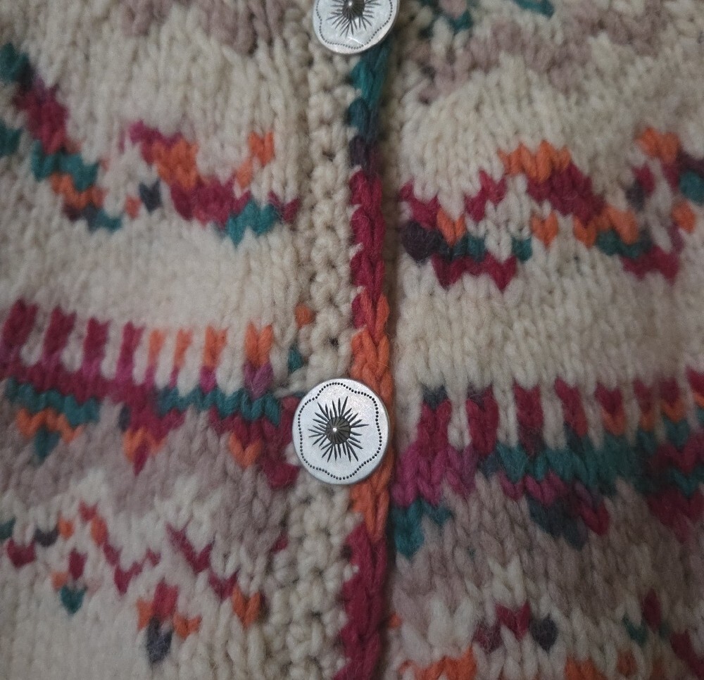 Fair Isle Button-Up Cardigan Virgin Wool Sweater Canadian Large - Picture 6 of 8